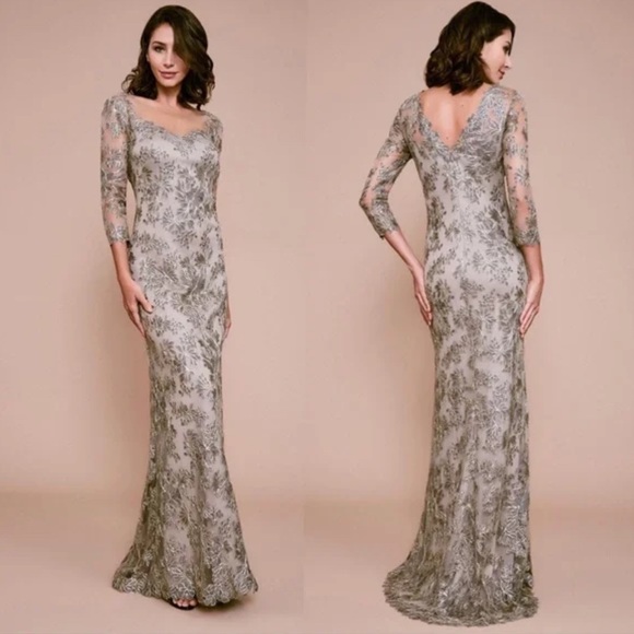 TADASHI SHOJI TOMETI tan gold green EMBROIDERED TULLE GOWN v-neck maxi dress - Picture 2 of 14